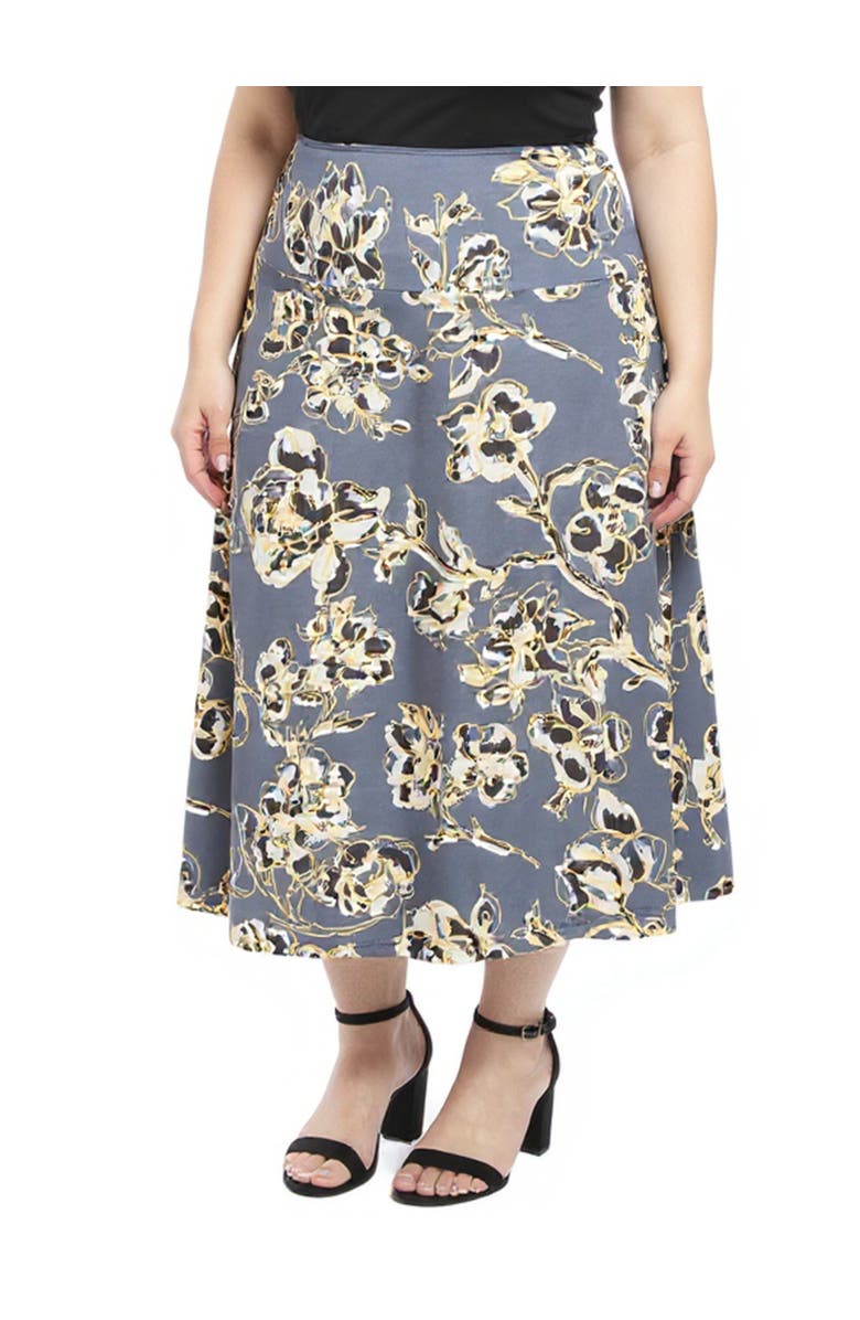24seven Comfort Apparel Plus Size Floral Elastic Waist A-Line Maxi Skirt, Alternate, color, Grey Multi