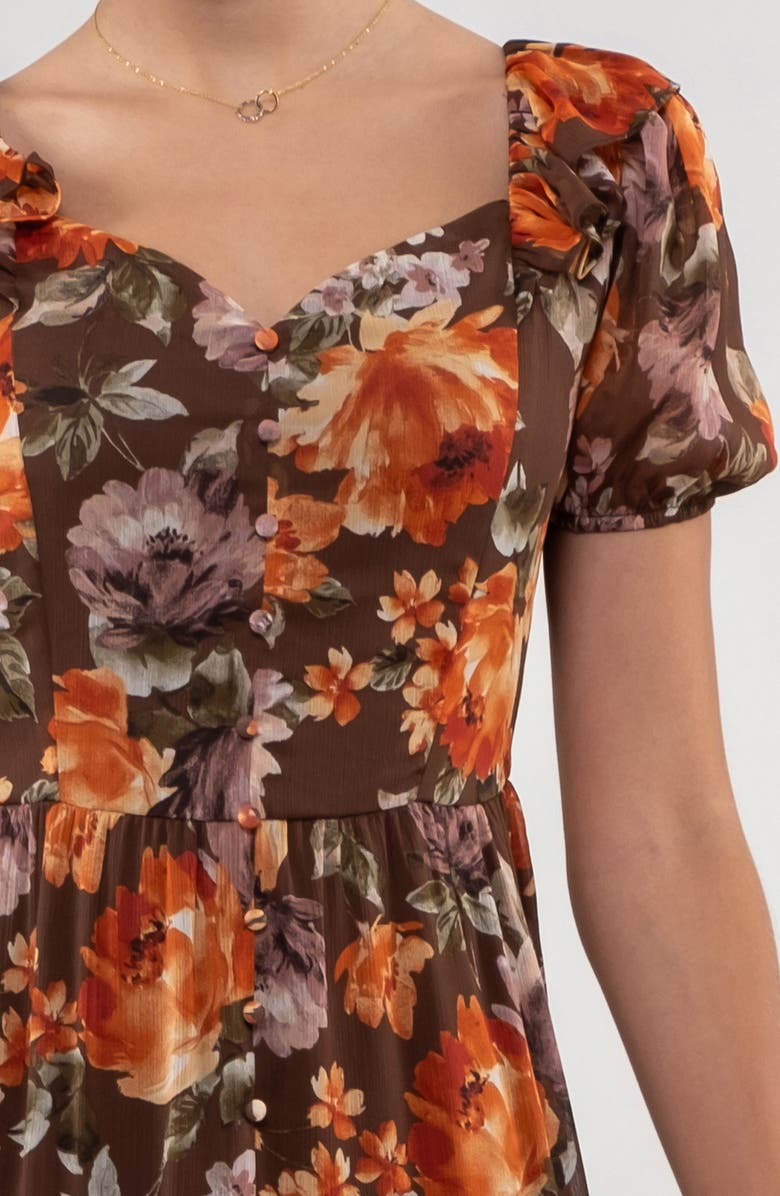 AUGUST SKY Floral Ruffle Trim Maxi Dress, Alternate, color, Mocha Multi