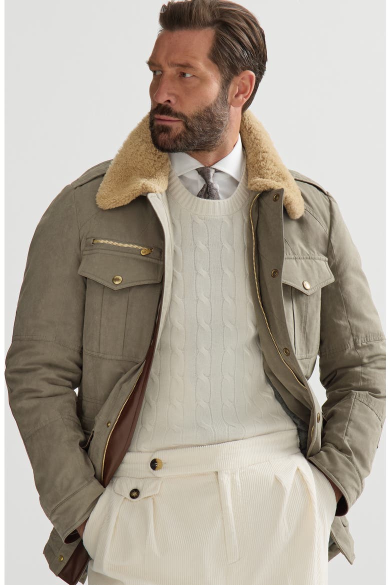 Waxed techno cotton safari jacket with Thermore® padding, nappa leather inserts and shearling collar, Alternate, color, Medium Grey