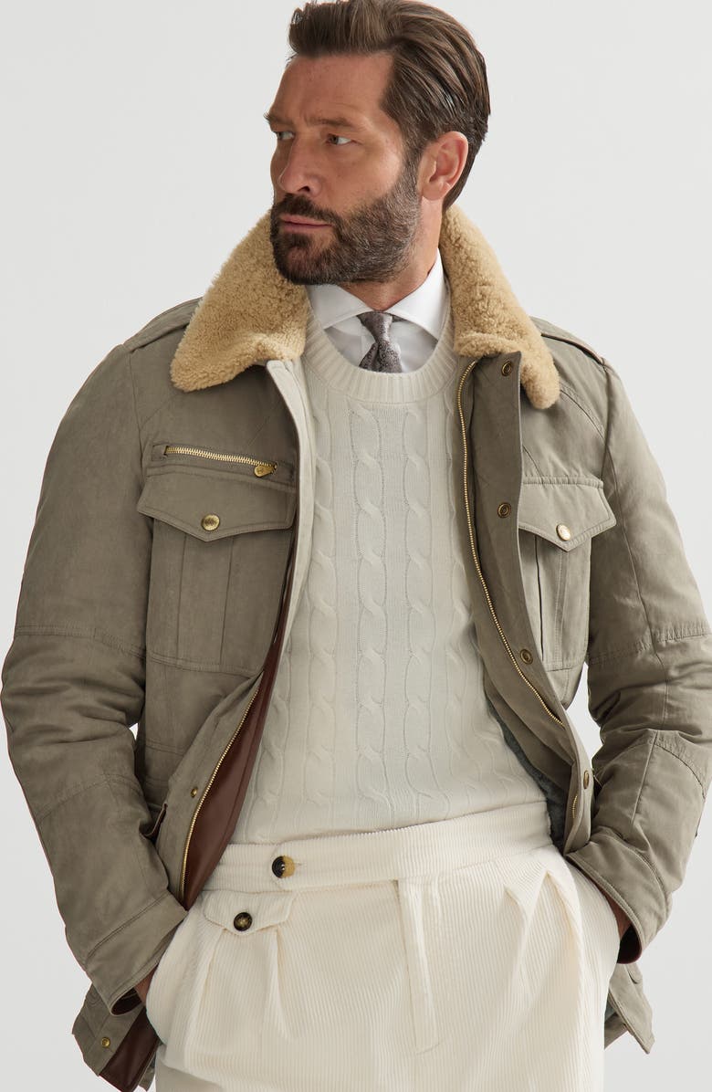 Brunello Cucinelli Waxed techno cotton safari jacket with Thermore<sup>®</sup> padding, nappa leather inserts and shearling collar, Alternate, color, Medium Grey