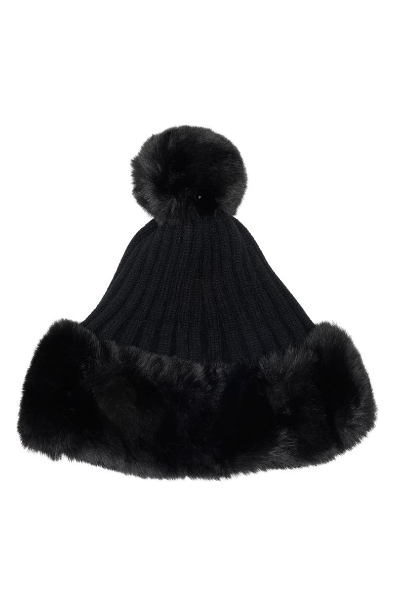Nanette Lepore Oversize Faux Fur Trim Beanie, Alternate, color, Black