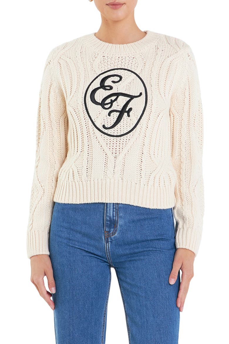 Sports Club Logo Embroidered Cable Stitch Sweater, Main, color, IVORY