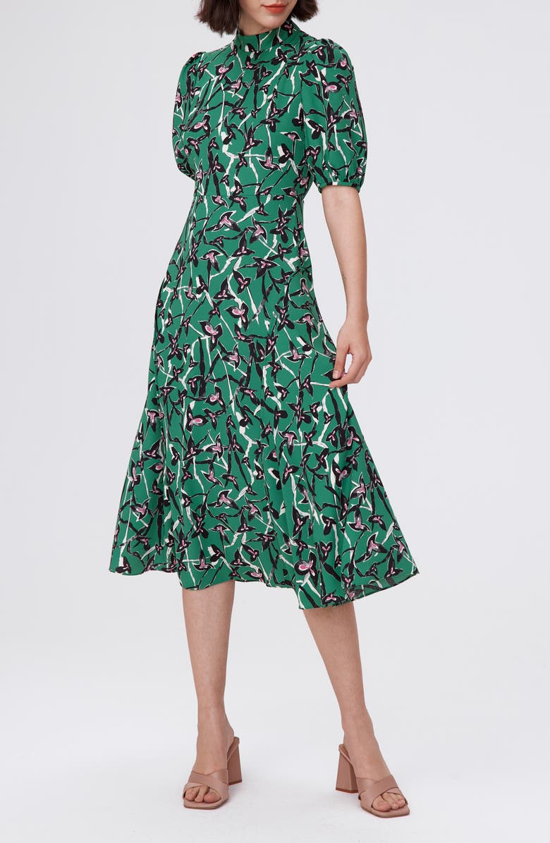 DVF Nella Printed Mock Neck Midi Dress, Main, color, Clover Twigs Green