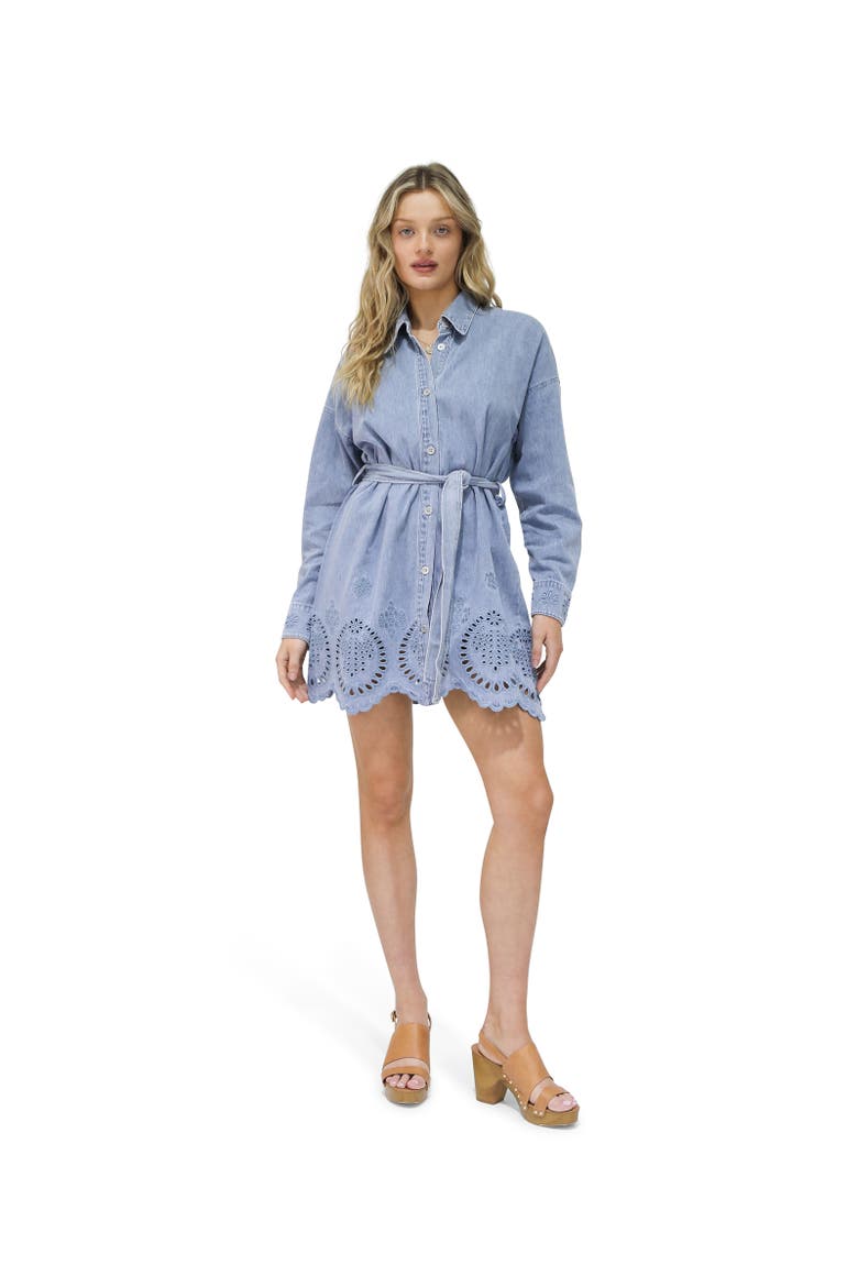Sunday Somewhere Denim Broderie Mini Shirt Dress, Alternate, color, blue