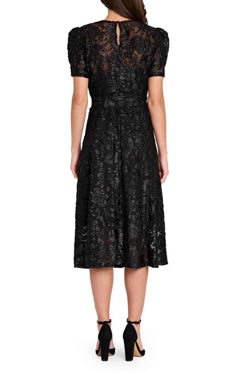Tahari ASL Floral Burnout Puff Sleeve Midi Dress, Alternate, color, Black