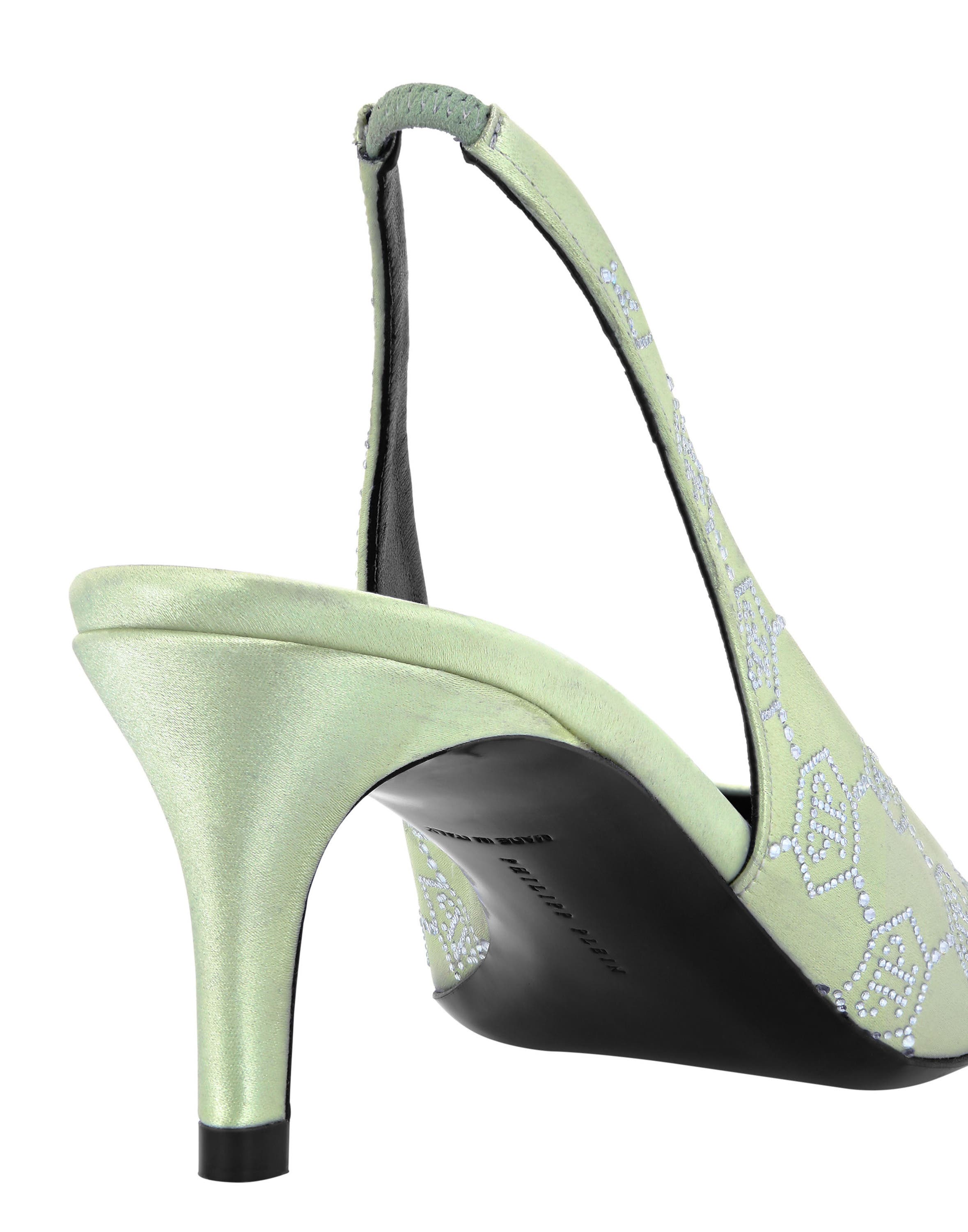Satin Slingback Shoes Low Heels Monogram Strass Women, Alternate, color, green