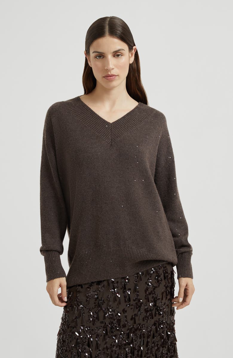 Brunello Cucinelli Cashmere and silk diamond yarn sweater, Alternate, color, Rust Brown