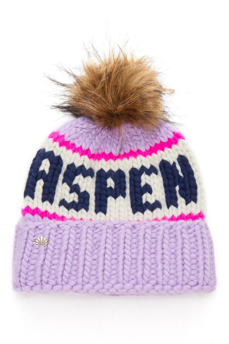 Aspen Faux Fur Pompom Merino Wool Beanie, Main, color, LAVENDER MULTI