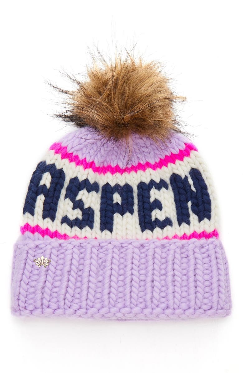 Lele Sadoughi Aspen Faux Fur Pompom Merino Wool Beanie, Main, color, Lavender Multi