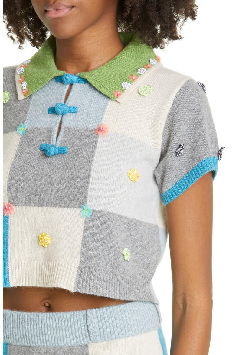 Floral Appliqué Checkerboard Lambswool Sweater, Alternate, color, BLUE/ GREEN