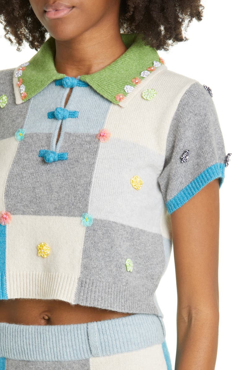 YanYan Floral Appliqué Checkerboard Lambswool Sweater, Alternate, color, 