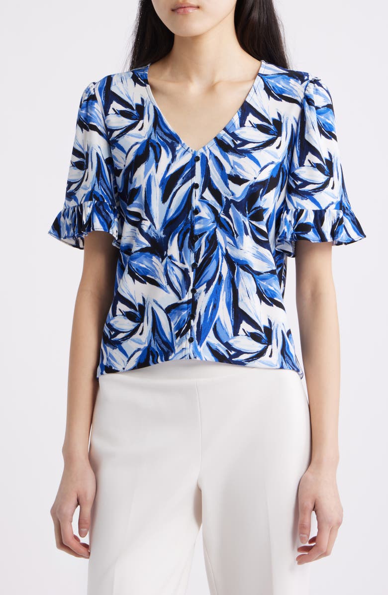 AK ANNE KLEIN Ruffle Accent Short Sleeve Button-Up Shirt, Main, color,