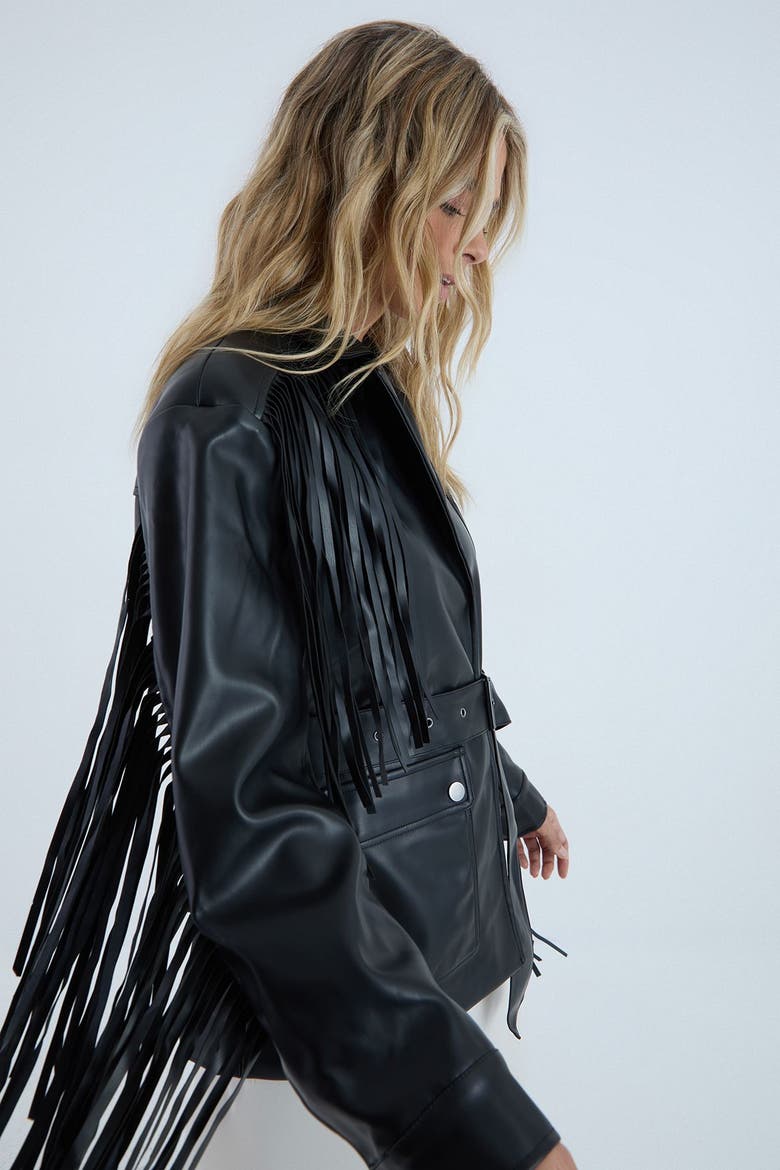 Fringe Faux Leather Belted Jacket, Alternate, color, Black