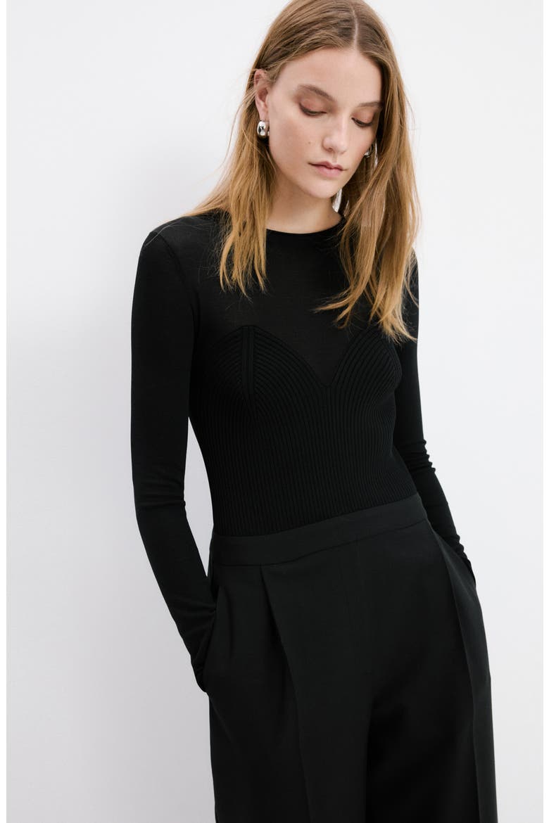Long Sleeve Wide Leg Mixed Media Jumpsuit, Alternate, color, BLACK