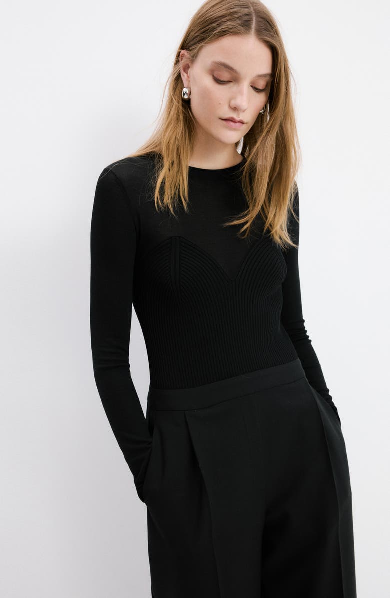 MANGO Long Sleeve Wide Leg Mixed Media Jumpsuit, Alternate, color, Black