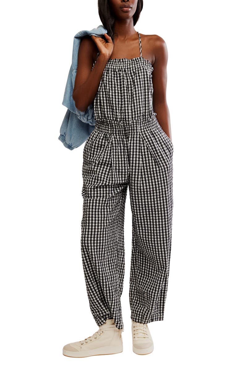 Free People Retro Heatwave Cotton Gingham Jumpsuit, Alternate, color, Black Combo