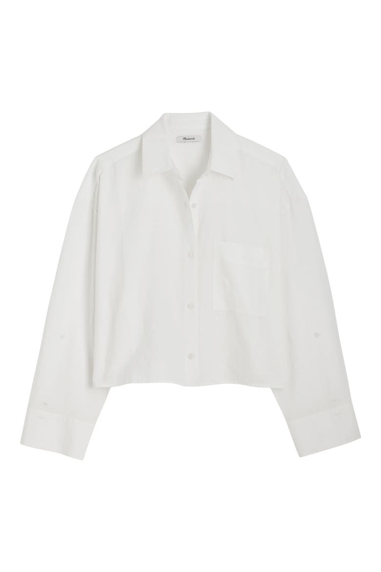 Straight Hem Crop Linen & Cotton Button-Up Shirt, Alternate, color, WHITE