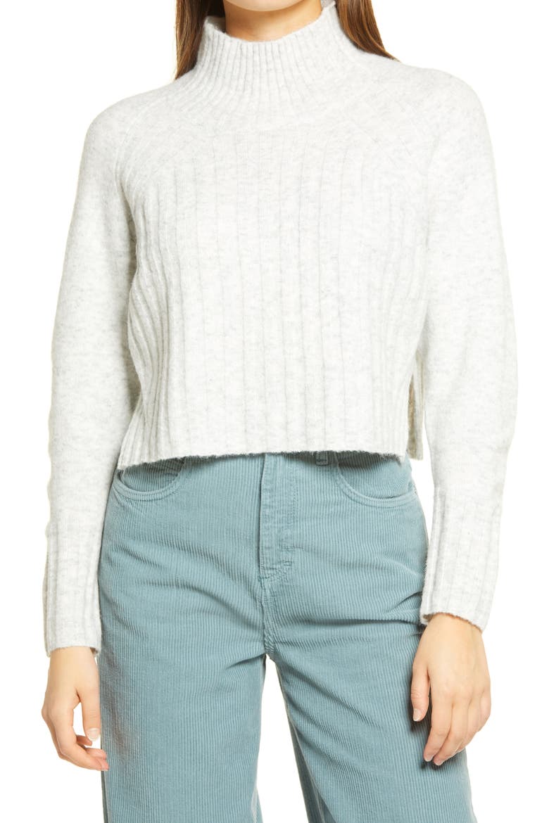Rib Crop Turtleneck Sweater, Main, color, GREY MARL