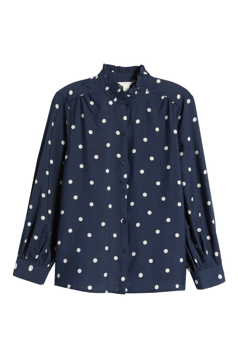 Ruffle Button-Up Shirt, Alternate, color, NAVY- IVORY DISORDERLY DOT