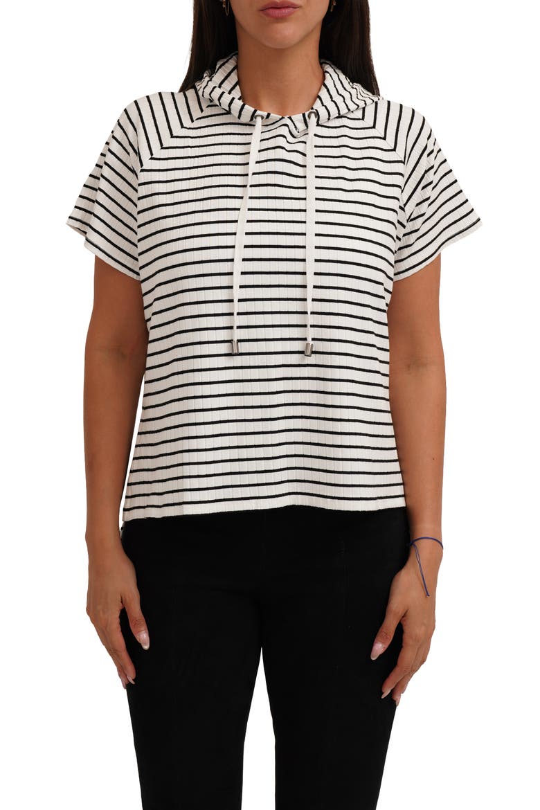 Stripe Rib Short Sleeve Hoodie, Main, color, BONE/ BLACK