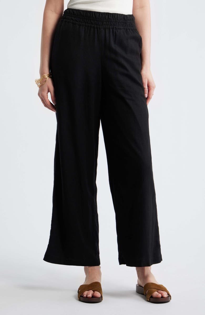Treasure & Bond Linen Blend Smocked Waist Wide Leg Pants, Main, color, Black