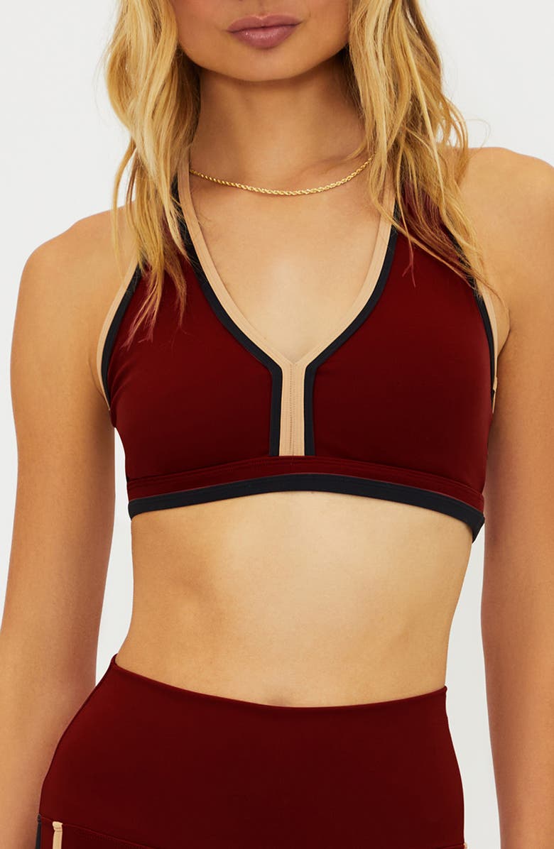 Beach Riot Ida Contrast Binding Sports Bra, Main, color, Maroon Merlot Colorblock