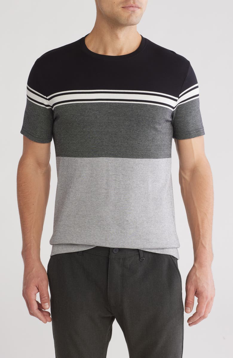 DENIM AND FLOWER Stripe Colorblock T-Shirt, Main, color, Black Grey