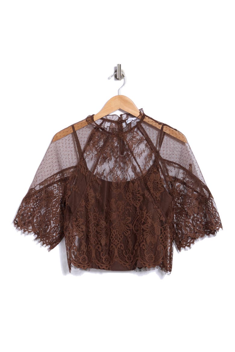 Ruffle Neck Lace Top, Main, color, BROWN
