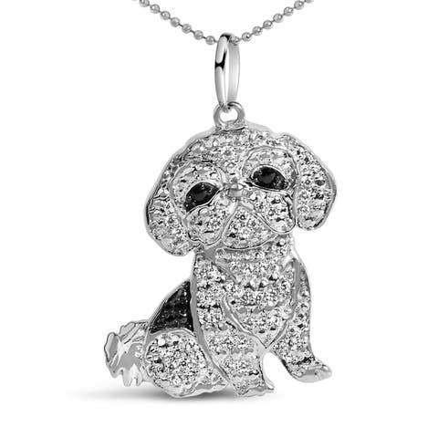 Silver 1/2 Cttw White and Black Diamond Shih Tzu Dog 18" Pendant Necklace