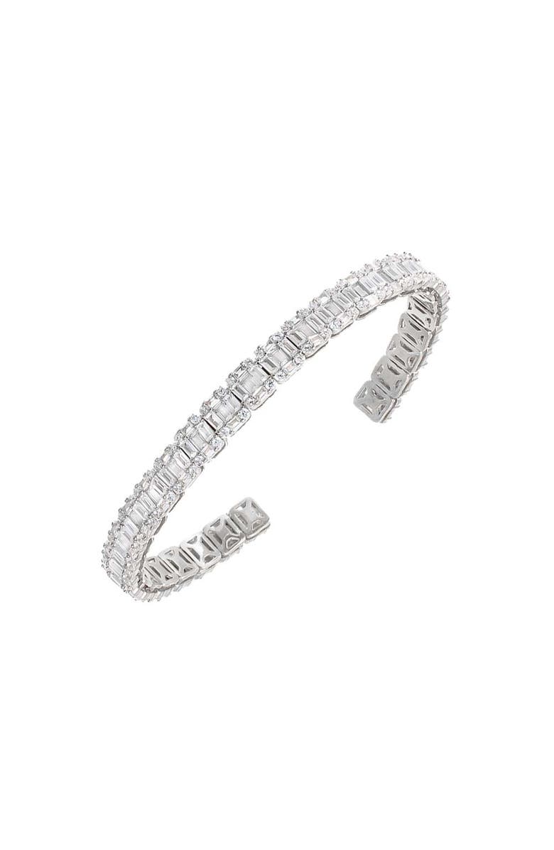 BY ADINA EDEN Illusion CZ X Baguette Tennis Open Bangle Bracelet, Main, color,