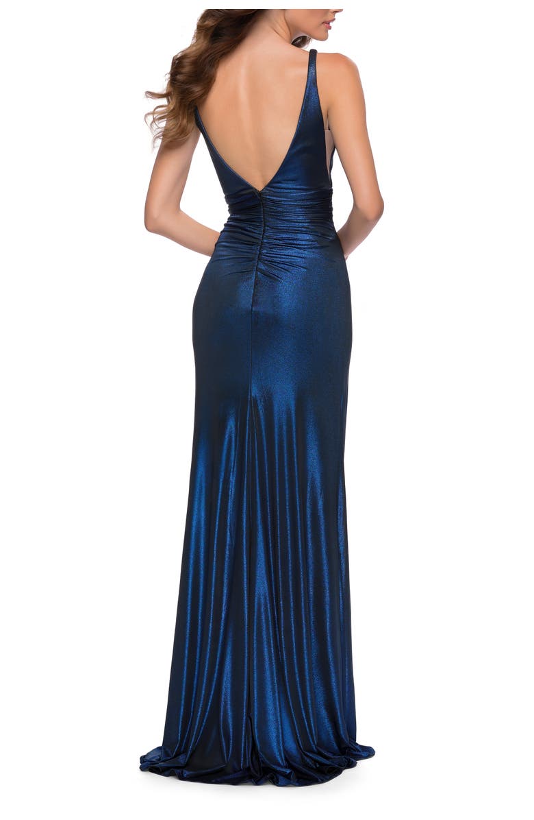 La Femme Gorgeous Metallic Jersey Gown with Ruffle Detail, Alternate, color, Navy