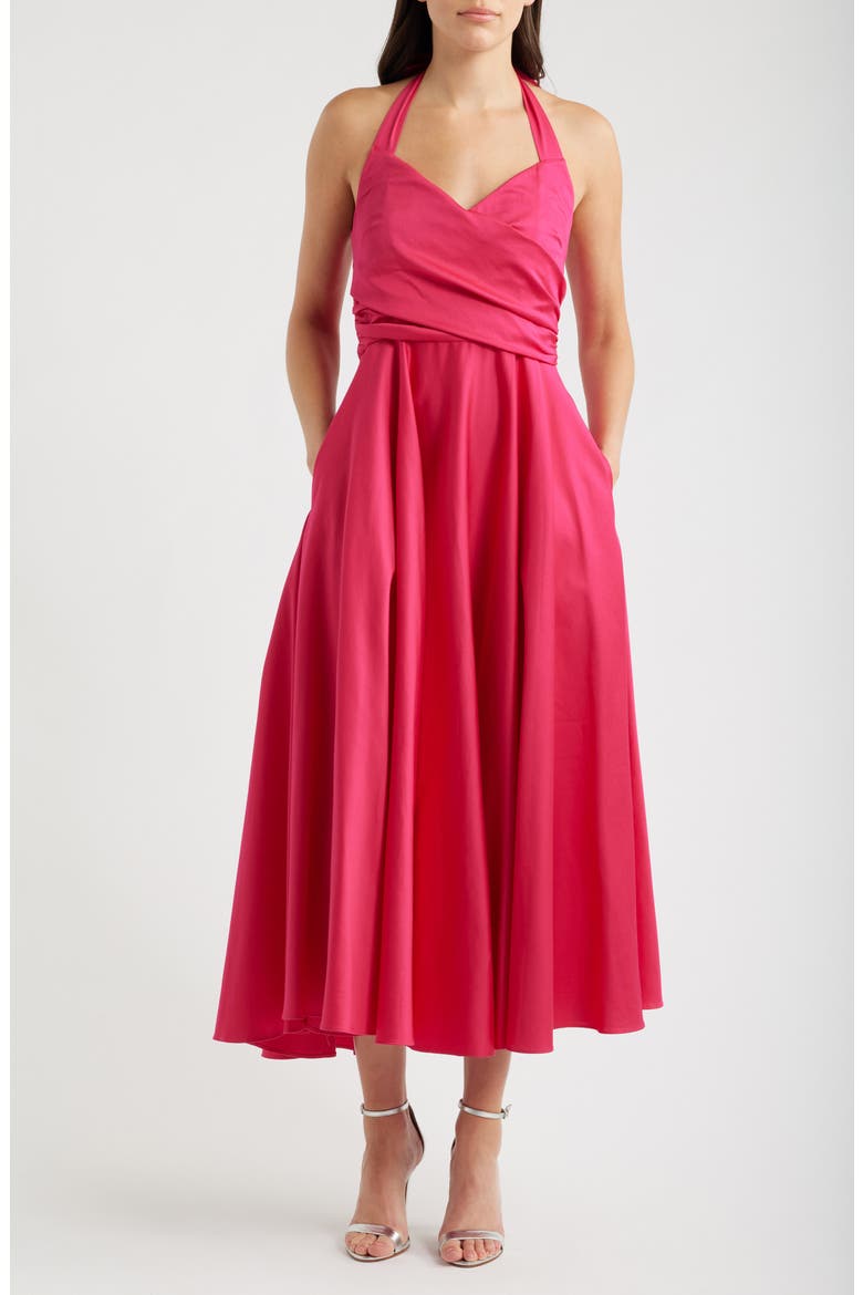 Noelle Stretch Cotton Halter Midi Dress, Main, color, CERISE