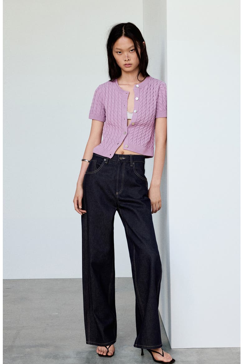 Short Sleeve Cable Stitch Cardigan, Alternate, color, LIGHT/PASTEL PURPLE