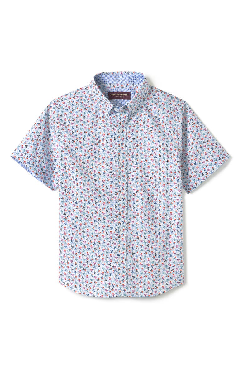 Johnston & Murphy Kids' Skull Print Short Sleeve Button-Down Shirt, Main, color, 