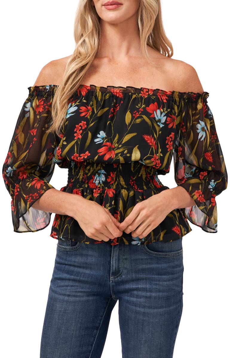 CeCe Floral Smocked Off the Shoulder Top, Main, color,