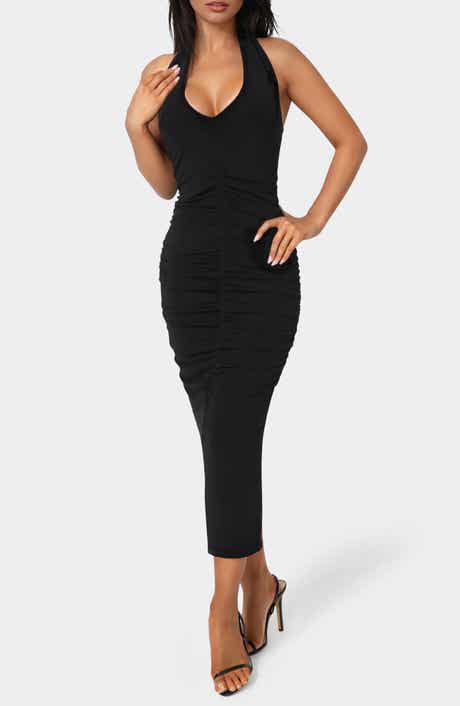 bebe Slinky Shirred Maxi Halter Dress