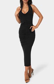 bebe Slinky Shirred Maxi Halter Dress