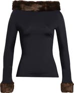 CONNER IVES Faux Mink Trim Stretch Knit Top