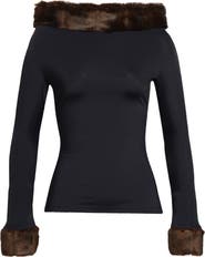 CONNER IVES Faux Mink Trim Stretch Knit Top