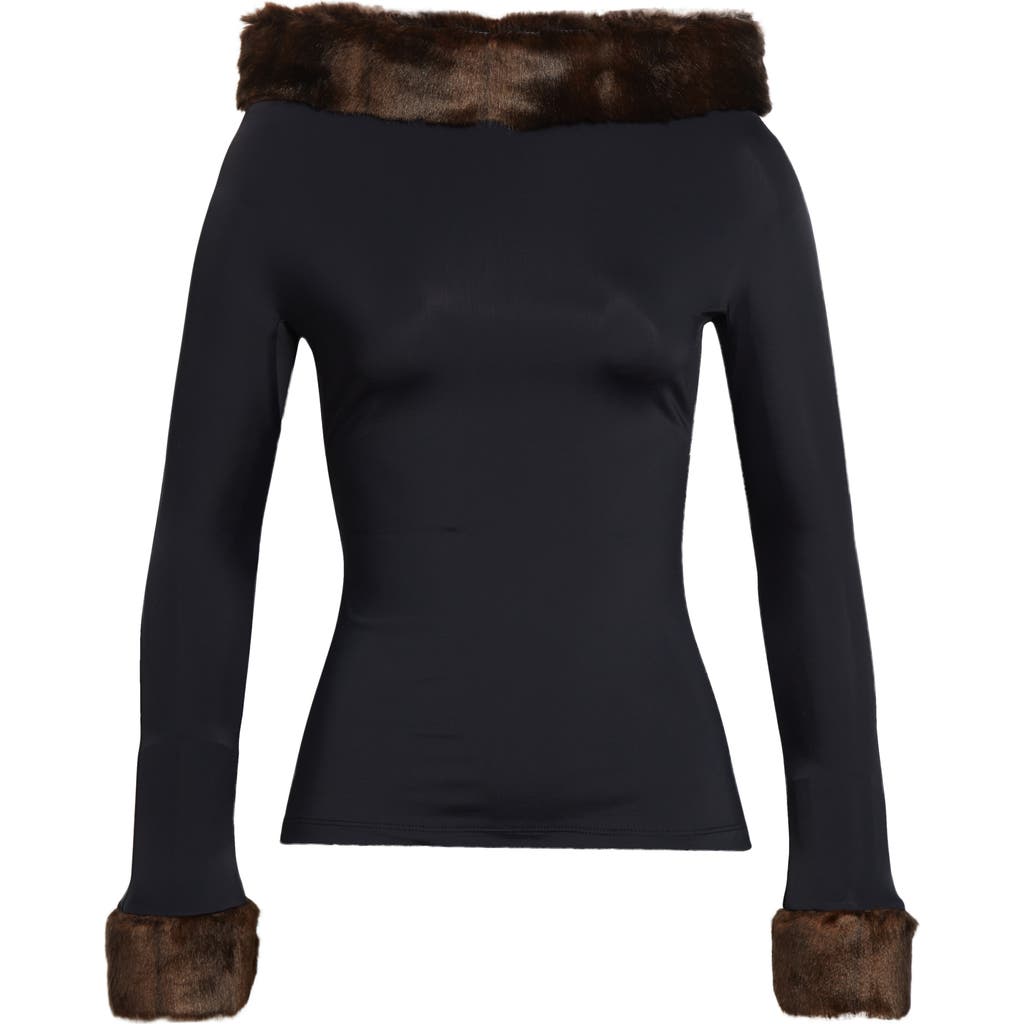 Conner Ives Faux Mink Trim Stretch Knit Top In Black