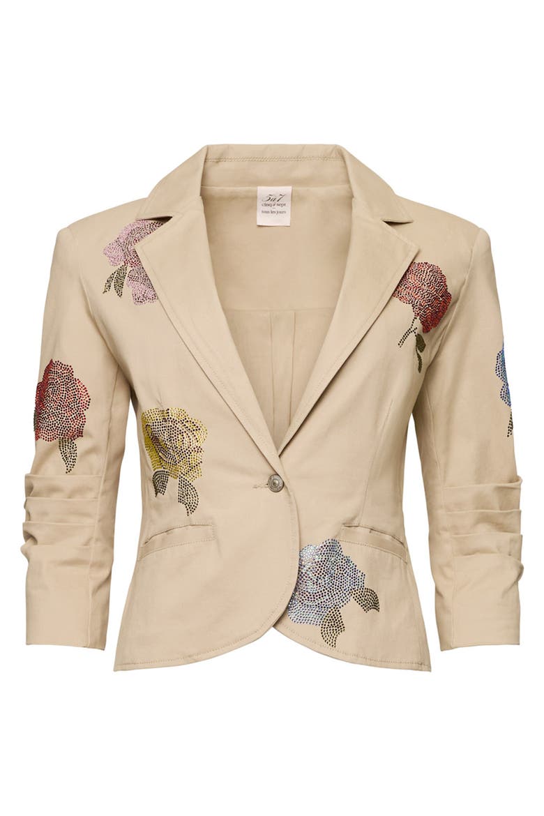 Beaded Floral Stretch Cotton Jacket, Alternate, color, KHAKI MULTI
