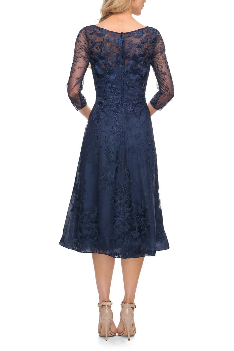 Stylish Tea Length Mother of the Bride Dress with Sleeves, Alternate, color, Navy