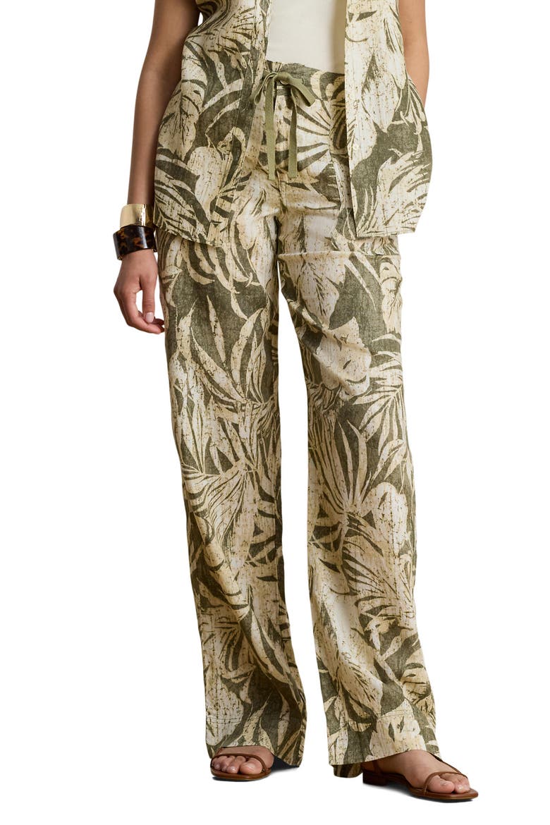 Palm Print Linen Wide Leg Pants, Main, color, FARM OLIVE GREEN