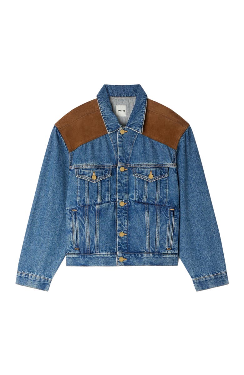 SANDRO Denim and suede jacket, Alternate, color, Light Bu Jean