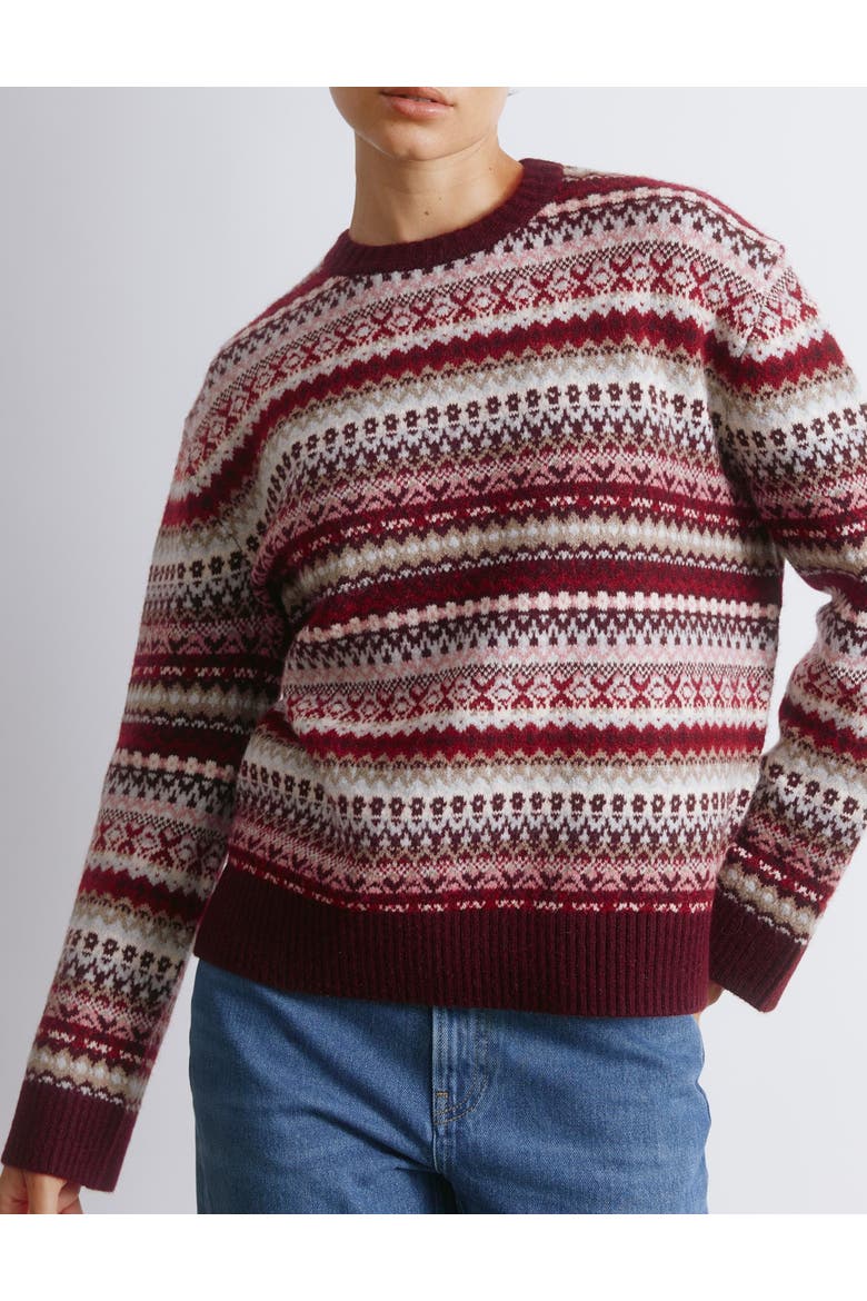 Fair Isle Crew Neck Sweater, Alternate, color, Burgundy