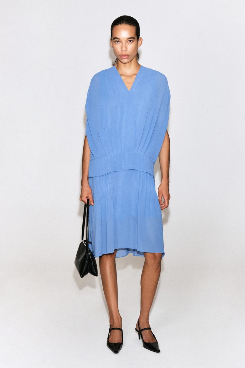 Draped Pleated V-Neck Midi Dress, Alternate, color, BLUE
