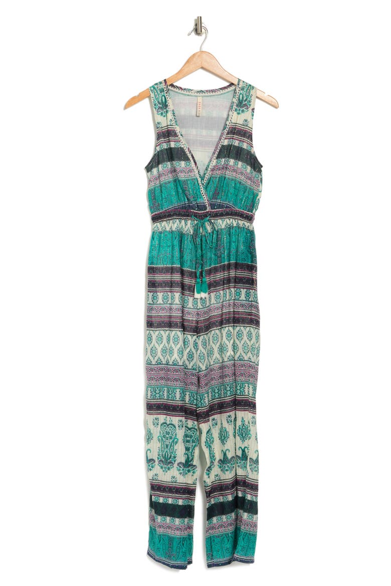 Caravan Sleeveless V-Neck Printed Jumpsuit, Alternate, color, TEAL
