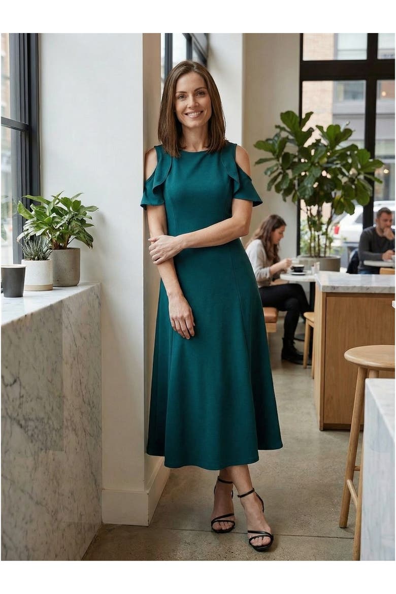 Elevate Petite Ruffle Sleeve Cold Shoulder A-Line Soft Flare Maxi Dress, Alternate, color, Hunter