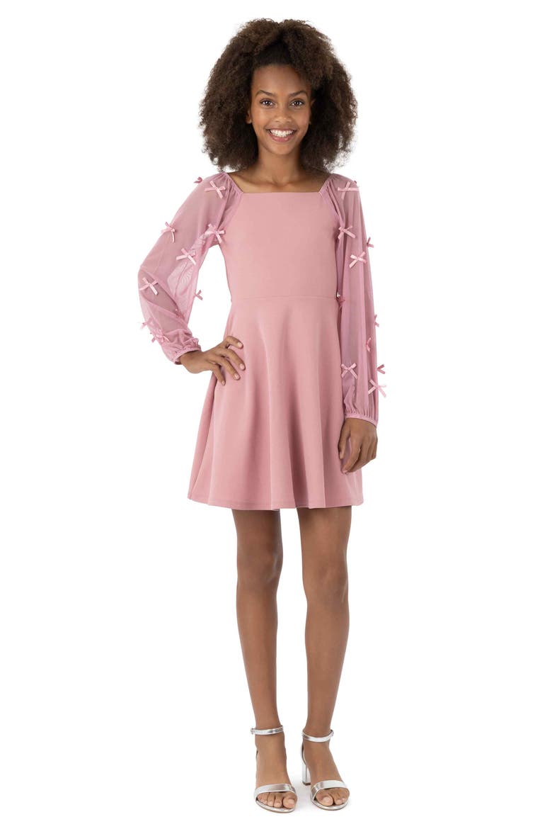 Kids' Mesh Sleeve Bow Scuba Dress, Alternate, color, MAUVE JM