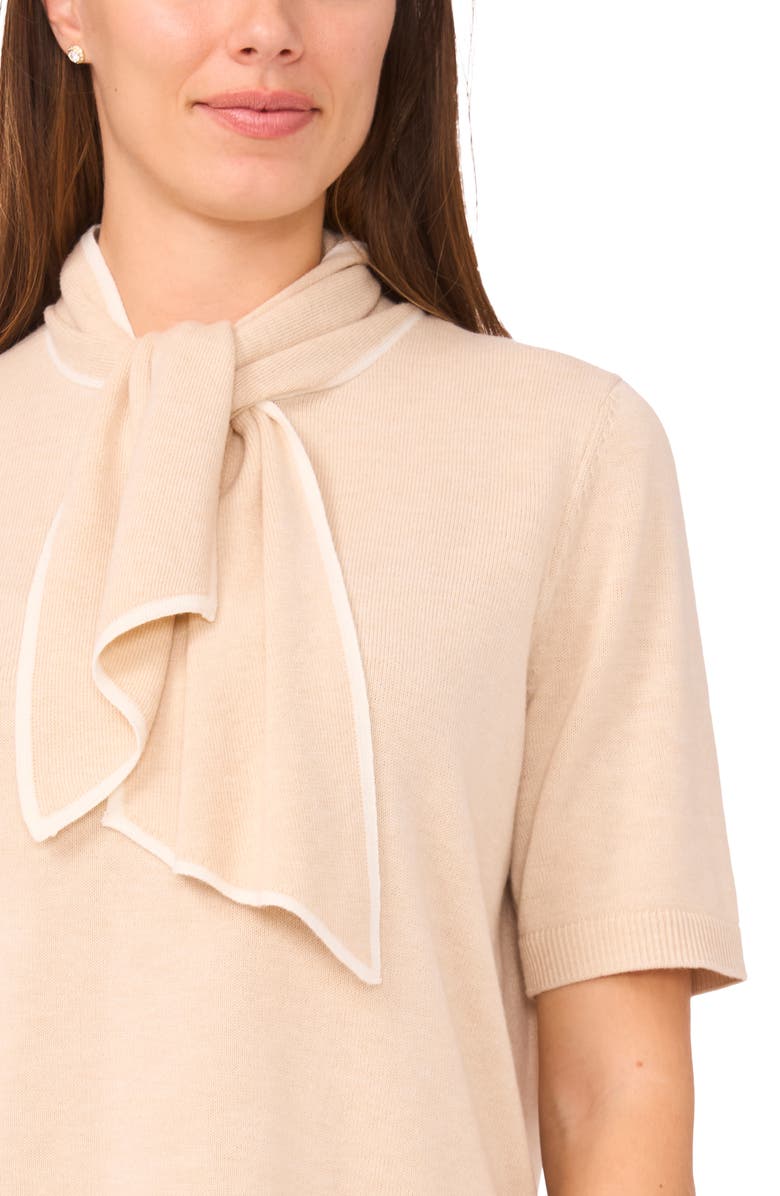 CeCe Tipped Tie Neck Sweater, Alternate, color, French Taupe